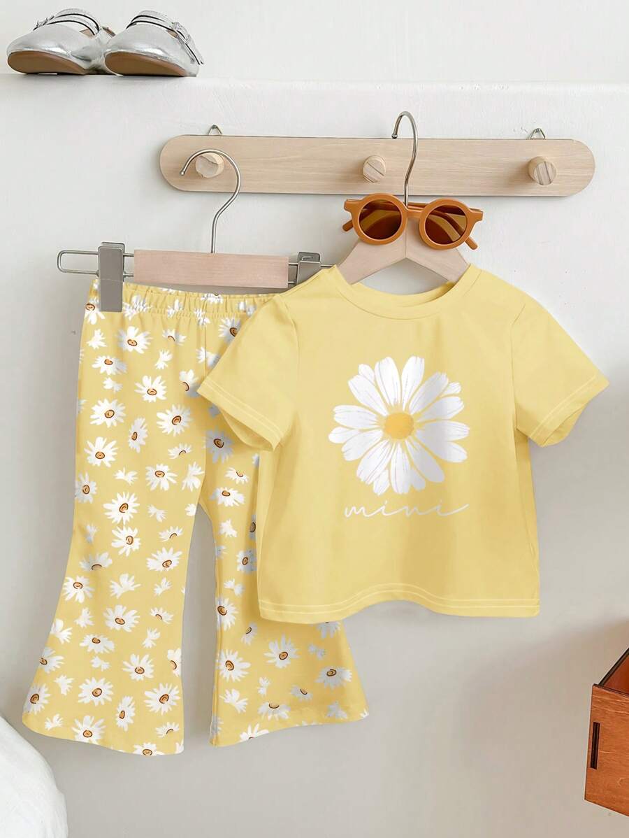 SHEIN Happikins Baby Girl Casual Minimalist Short Sleeve Round Neck Pants Set, Suitable For Spring & Summer - Multicolor - View 1