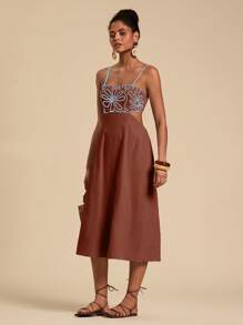 Travachic A-Line Hollow Out Vacation Leisure Embroidered Waist Cami Mid-Length Dress - Chocolate Brown - View 5