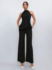 Halter Top And Light Brown Pants Set, Simple Style For Going To Work - Black - View 5