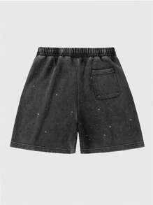 ROMWE MEN Street Life Spring/Summer Casual Men'S Fashionable Washed Sparkling Diamond Decor Shorts, Summer - Black - View 2