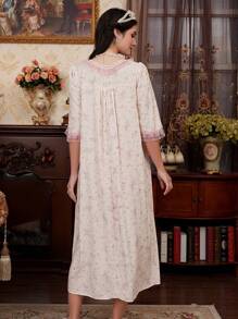 PalaceNights Contrast Color Lace Patchwork V-Neck Vintage Palace Ditsy Floral Long Nightgown Babydoll Luxe Loungewear - Multicolor - View 2