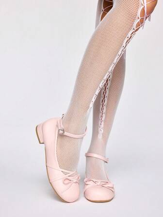 Kawaii Zapatos de tacón en bloque, estilo mocasín, para mujer, color rosa, con tira en el empeine, detalle de moño, y punta cerrada, para oficina/etiqueta