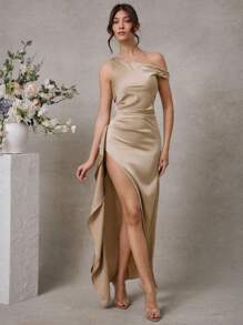 L'Amorae 优雅婚礼宾客伴娘派对纯色单肩高开叉荷叶边长裙