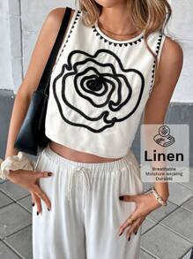 SHEIN Essnce Women's Floral Pattern Trim Round Neck Casual Camisole - White - View 1