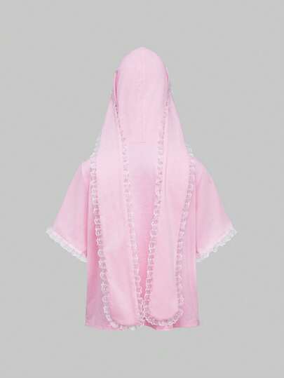 Kawaii Camiseta con capucha de manga corta con decoración de orejas de conejo linda