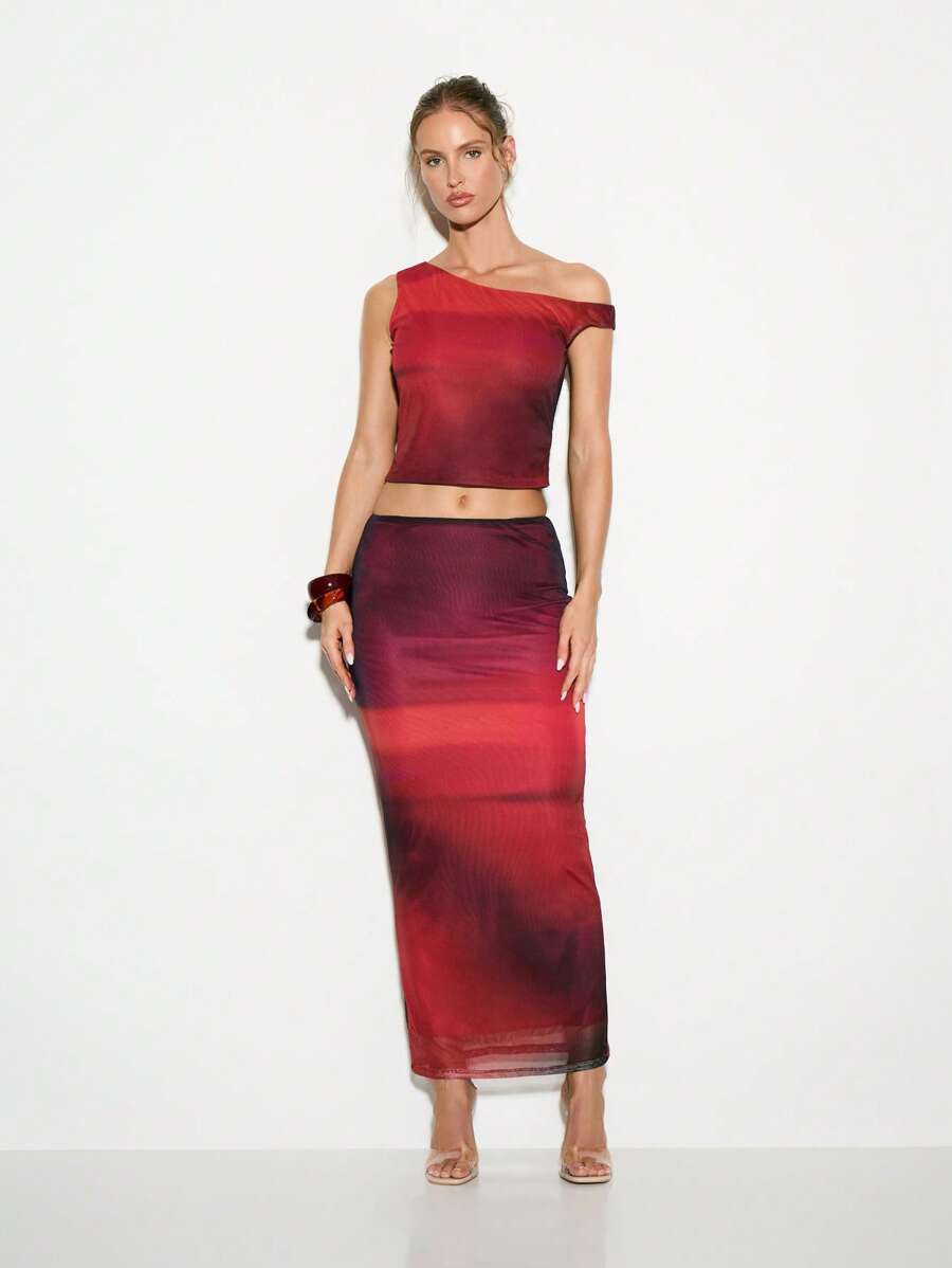 KIZN Modernes Mesh-Outfit mit Two-Piece, transparent für Club-Partys, Set mit Off-Shoulder Crop-Top und Maxi-Rock für besondere Anlässe und Events