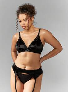 MISSGUIDED PLUS Plus Size Satin Triangle Bra Garter Belt And Panty Set With Lace Stocking Lingerie Set For Valentines Day Anniversary Spring Summer Collection - Black - View 6