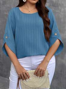 SHEIN LUNE Áo thun cổ tròn màu trơn cỡ lớn thường ngày ngày lễ, thích hợp cho mùa hè - Màu xanh bụi bặm - Xem 4