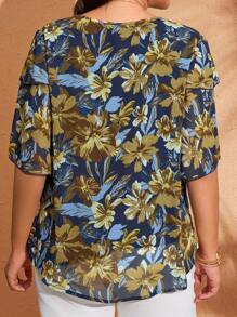 EMERY ROSE 大码女式花卉印花V领短袖休闲衬衫