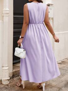SHEIN Clasi Plus Size Solid Color Round Neck Pleated Casual Summer Dress Maxi Women Outfit - Mauve Purple - View 2