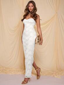 COSMINA 女士优雅奶油色蕾丝长款吊带连衣裙，春夏