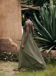 Maija Trang phục đi nghỉ hè màu xanh ô liu dành cho nữ, phong cách bohemian hiện đại, màu trơn, trang phục đi biển tối giản, dây mảnh, xếp ly, không tay, kiểu dáng nhiệt đới, váy đi nghỉ mát thanh lịch dành cho nữ. - xanh quân đội - Xem 8