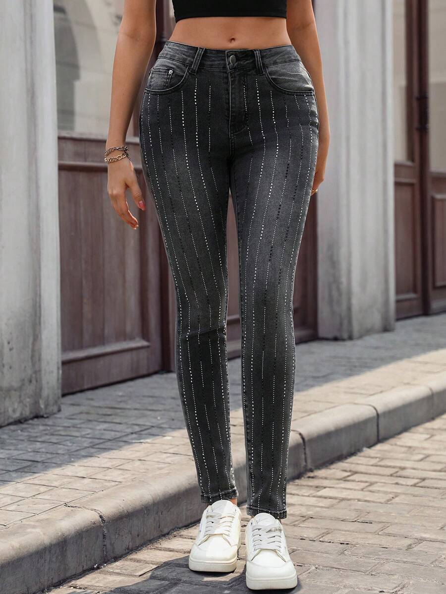 SHEIN Essnce Damen Mode Lässig Slim-Fit Skinny Jeans - Dunkelgrau - Übersicht 1
