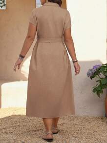 Linhara Plus Size Women Solid Color Waisted Casual Cardigan Dress - Brown - View 2