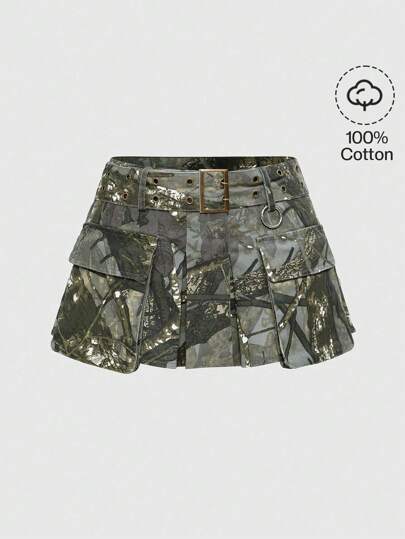 Grunge Punk Apocalypse Punk Style Branch Camouflage Print Utility Pocket Pleated Super Low Waist Mini Skirt For Women