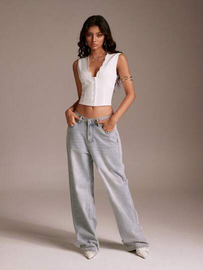 TRNVIE 深V领纯色贝壳下摆无袖收腰西装背心外套