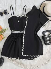 Set de 3 piezas para adolescentes, que incluye: Camisa de manga corta casual de verano, top con tirantes ajustables y shorts minimalistas