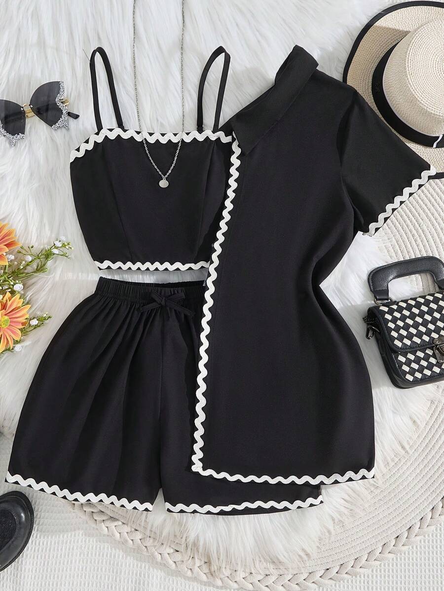 Set de 3 piezas para adolescentes, que incluye: Camisa de manga corta casual de verano, top con tirantes ajustables y shorts minimalistas