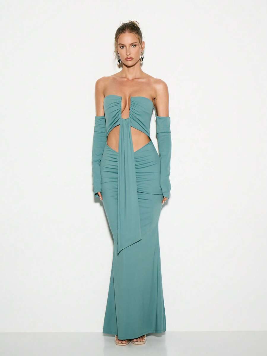 KIZN Off Shoulder Evening Gown Ruched Bodycon Floor Length Long Sleeve Cut  Out Formal Dress Party Prom Wedding Guest Maxi DressMISSGUIDED