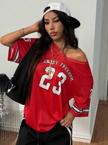 Coolane Áo bóng đá nữ cổ chữ V tay ngắn in họa tiết sọc chữ số rộng rãi thoải mái - Đỏ - Xem 1