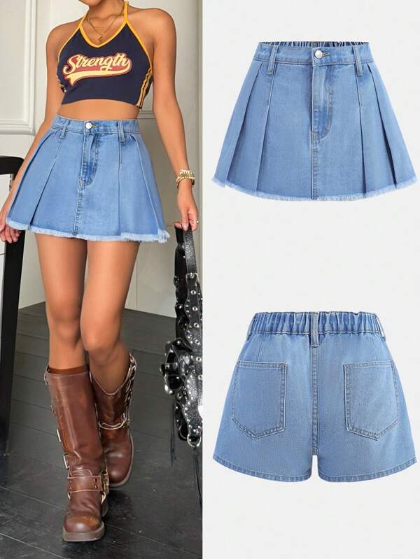 SHEIN Teen Girls Y2K Spring Summer Light Washed Low Waist Denim Jeans Short Skort,Girls Summer Brunch Graduation Outfits,Boho Vacation Beach Causal Outfits Teen Girl,Country Concert Outfit/Rave Outfits