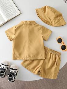 Ensemble casual de plein air pour bébé garçon, chemise à col ouvert à l'avant avec impression d'animal mignon et slogan, pantalon avec poches et chapeau seau