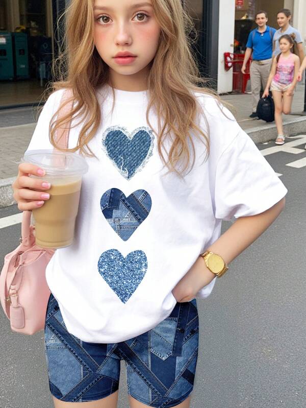SHEIN 2pcs Teen Girls Asymmetrical Heart Print Casual Simple Short Sleeve Loose T-Shirt & Leggings Set, Cool & Style For Teen Girls, Suitable For Summer
