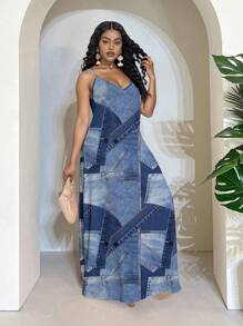 Slaydiva Music Festival Casual Simple Versatile Denim Effect Patchwork Pattern Print Plus Size Dress Suitable For Summer