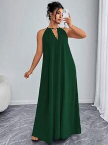 Elenzga Women's Fashion Elegant Solid Color Halter Neck Loose Plus Size Dress, Valentine's Red, New Year