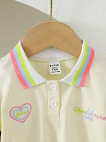 Baby Girls Summer Dopamine Color Jacquard Ribbed Collar Letter Embroidery Polo Shirt Set