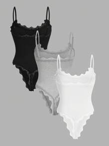Comfortcana Body de mujer informal de un solo color con ribete de encaje - Multicolor - Ver 2