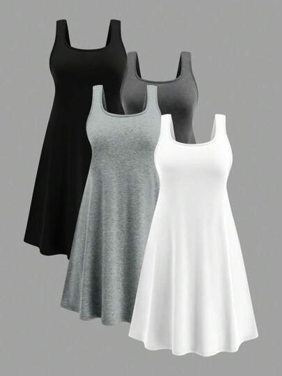 SHEIN LUNE Plus Size 4-Piece Soft Cotton Tank Top Set, Basic Layering, Comfortable & Breathable, Cooling, Stress Relief, Elegant Fashion Women Lounge