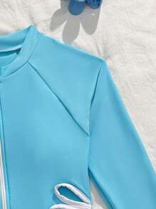 SHEIN 青少年女孩时尚连体长袖泳衣，适合夏季 - 藍色 - 查看 6