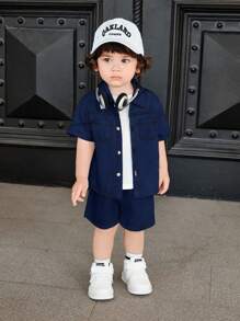 SHEIN Bộ 3 áo len cardigan tay ngắn cổ polo màu trơn cho bé trai và bé gái, quần short cạp chun và áo phông cổ tròn - Màu xanh lam - Xem 3