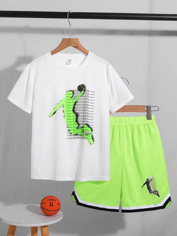 2pcs/Set Tween Boys Sports Casual Letter Print Round Neck Short Sleeve T-Shirt & Shorts Set, Suitable For Commute, School, Daily Casual Wear, Sportswear, Spring/Summer