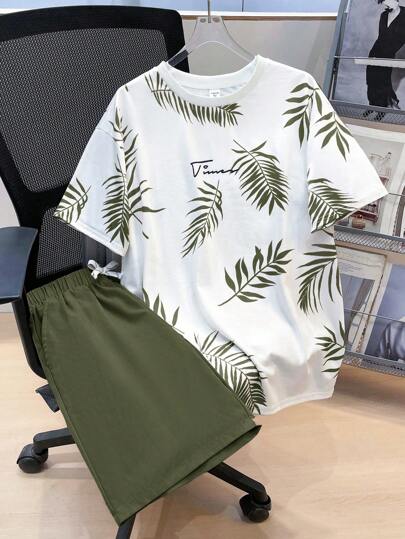 SHEIN 2pcs Set Teen Boy's Tropical Print Tee & Drawstring Waist Shorts;Spring Wear; Teen Boys' Clothing; Kids' Jackets, Spring Back To School