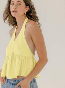 Aralina Striped Halter Neck Flowy Feminine Summer Vacation Cute Butter Yellow Holiday Top - Yellow - View 3