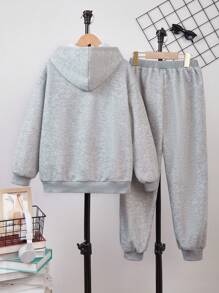 Conjunto de 3 piezas de ropa casual para niños preadolescentes: sudadera cuello redondo de unicolor, chaqueta con capucha de cremallera y pantalones de chándal de punto cálido