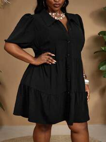 SHEIN CURVE+ Plus Size Plain Puff Sleeve Open Front Layered Cake Loose Dress, For Holiday, Curve Plus, Boho Vacation, Summer Outfits For Womenbeach Outfits For Woman/Beach Dress/Beach Vacation Outfits/Beach Essentials / Graduation/Tea Party Dress - Black - View 7