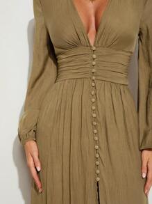 COSMINA Váy dài tay xẻ cao màu nâu thanh lịch dành cho nữ, thích hợp cho kỳ nghỉ dưỡng, mùa xuân/hè - Màu Khaki - Xem 7