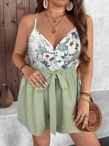 SHEIN Holidaya Plus Size Boho Jumpsuit: Sleeveless, Spaghetti Strap Floral Printed Woven Jumpsuit With A Wrap-Style Waist And Bermuda Shorts Length - Mint Green - View 4