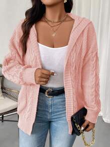 Plus Size Women Solid Color Drop Shoulder Long Sleeve Loose Casual Hooded Cardigan, Autumn/Winter