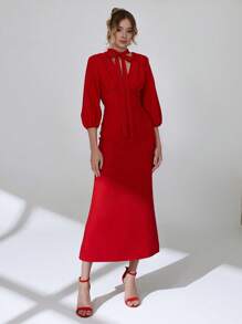 CLARA VERO Women Solid Color Long Sleeve With Shawl Detailed Dress - Red - View 6