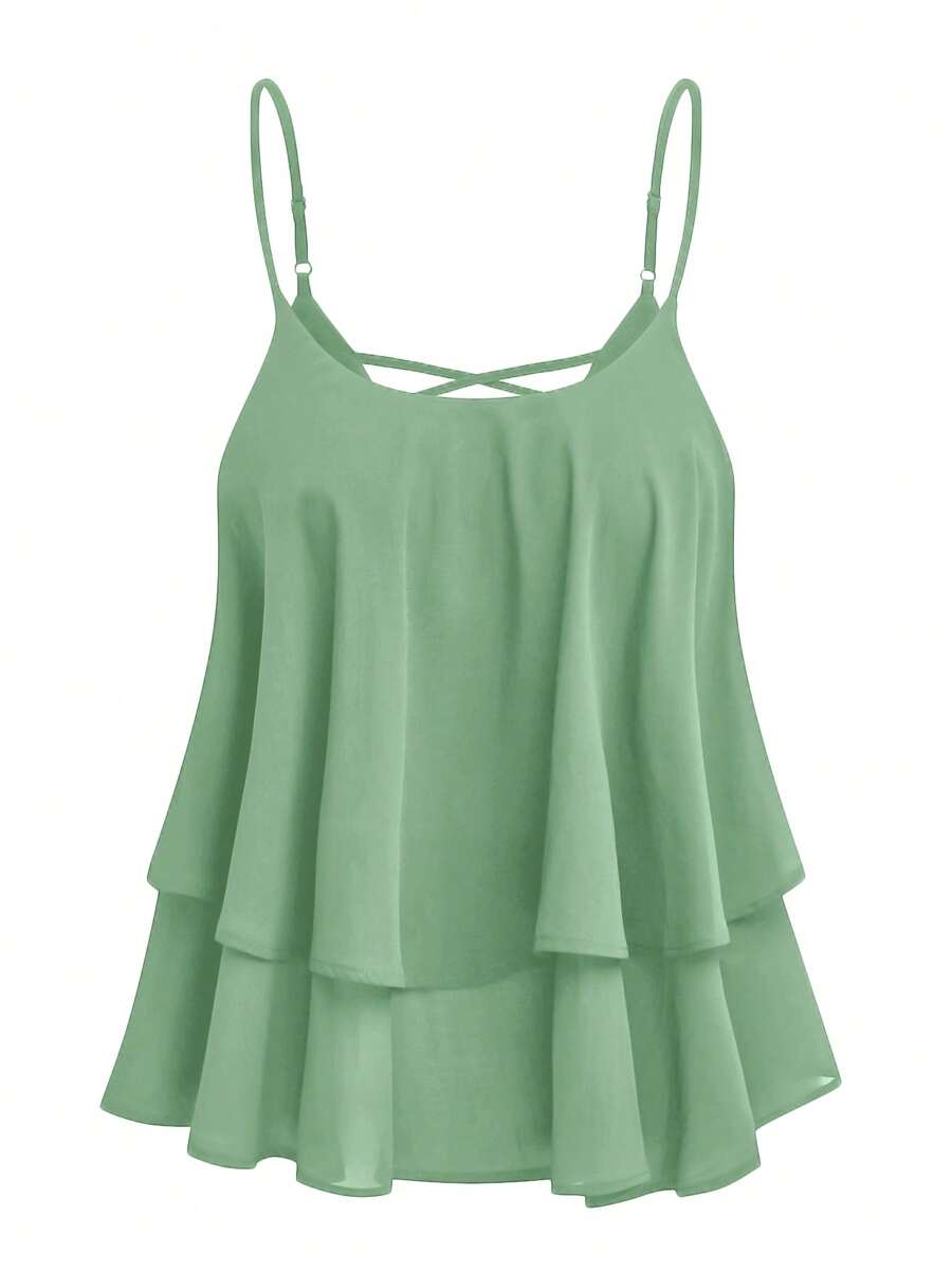 DreamSkyne Chiffon Layered Criss-Cross Back Spaghetti Strap Camisole, Slimming Effect - Army Green - View 1