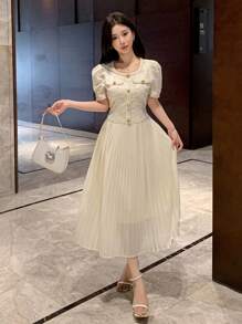 Đầm dài xếp ly cổ tròn phối nhiều mảnh dành cho nữ, đầm dạ hội thanh lịch. - Màu be - Xem 8