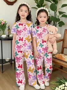 SHEIN Young Girls Sweet Heart & Butterfly Print Casual Slim-Fit Round Neck Short Sleeve Pajamas Set, Suitable For Summer - Multicolor - View 1