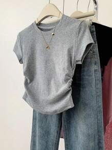 SHEIN Explorewe Set de 5 camisetas de manga corta con cintura ceñida de unicolor para niñas preadolescentes, casuales y versátiles