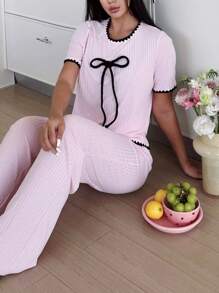 SHEIN Bộ đồ ngủ nữ nơ 3D màu tương phản ngọt ngào, trang phục mặc ở nhà - Hồng - Xem 6