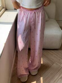 Aloruh Women's Residence Printed Lace Heart Casual Wide Leg Loose Pants Baggy - Pink - View 6