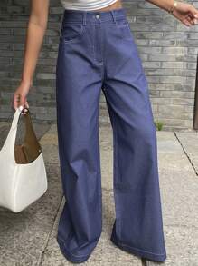 Livesso Quần Jeans Ống Rộng Túi Xiên Màu Trơn Cho Nữ - Màu xanh hải quân - Xem 2